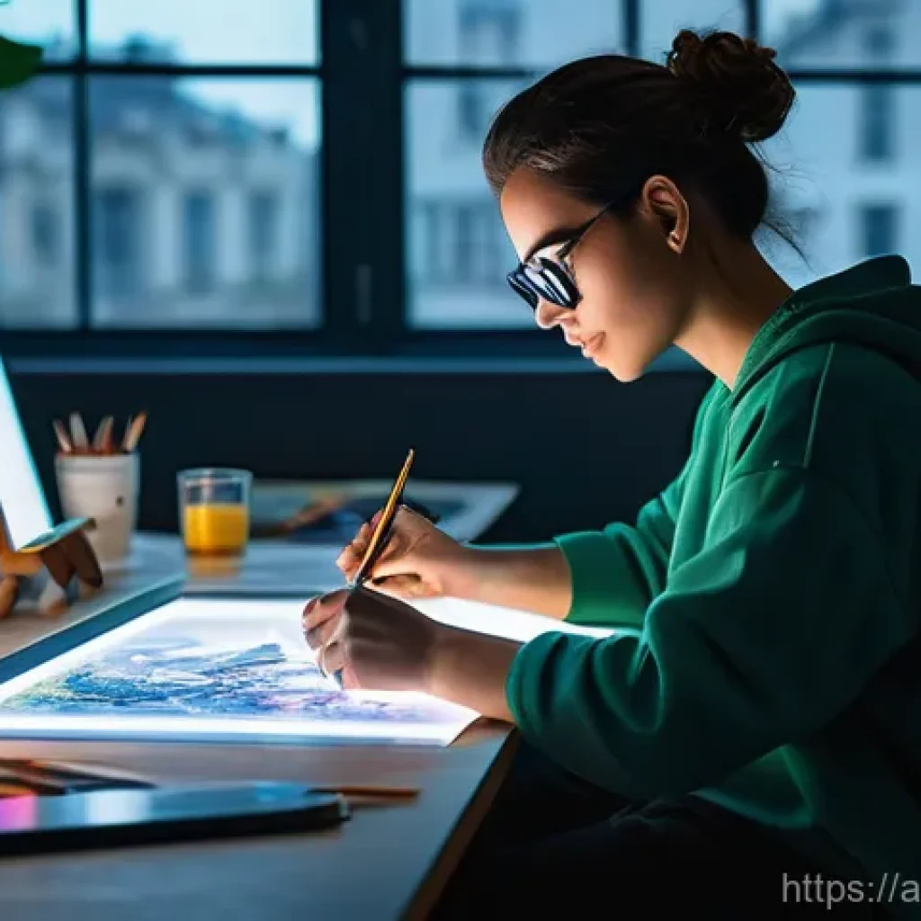 AI 예술과 예술적 창조성 - **"A vibrant and futuristic artist's studio. A diverse young artist, dressed in stylish casual wear,...