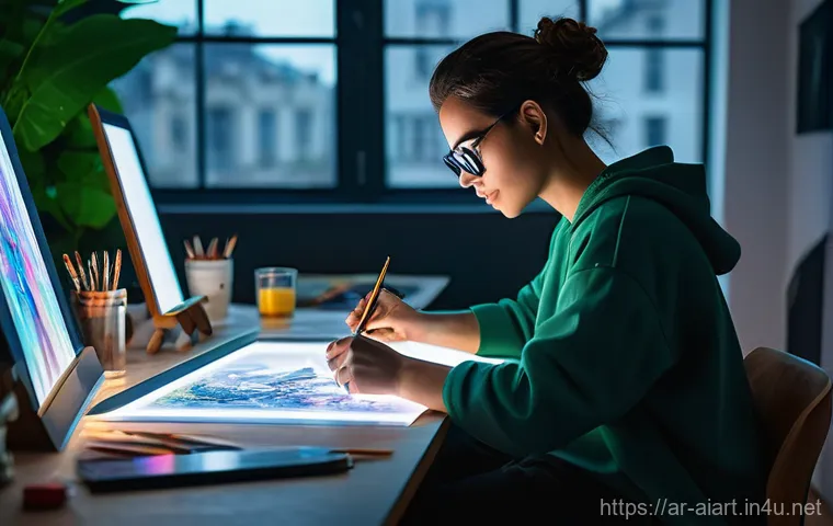 AI 예술과 예술적 창조성 - **"A vibrant and futuristic artist's studio. A diverse young artist, dressed in stylish casual wear,...