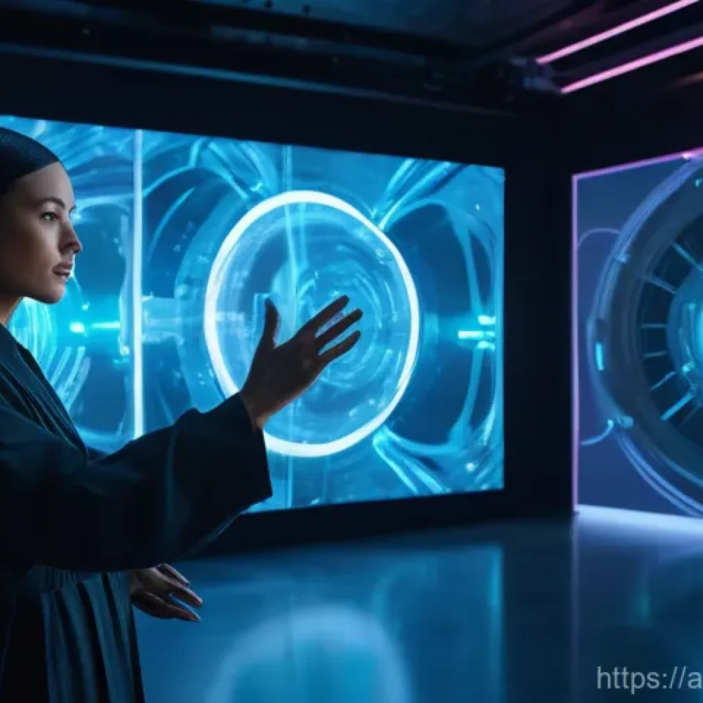 AI 예술가 인터뷰 - **Prompt:** "A highly detailed, cinematic wide shot of a futuristic art studio where a female artist...