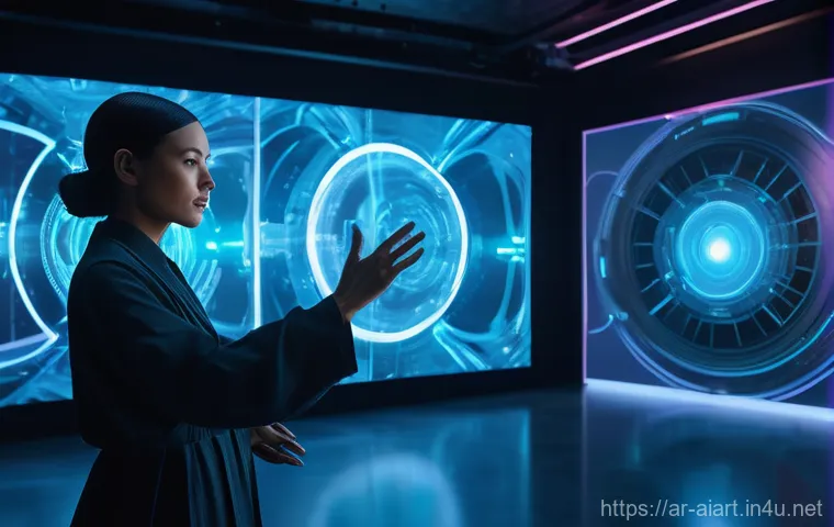 AI 예술가 인터뷰 - **Prompt:** "A highly detailed, cinematic wide shot of a futuristic art studio where a female artist...