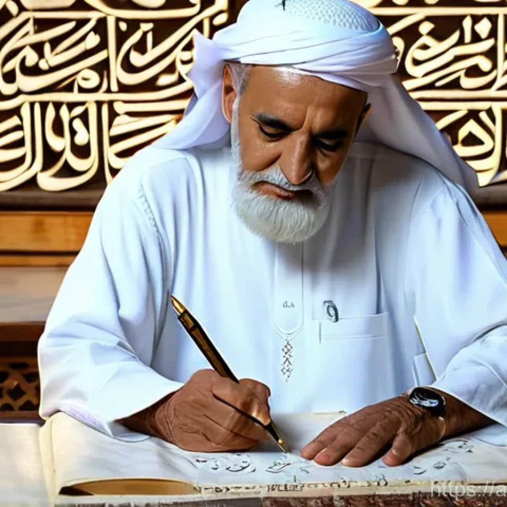 AI 예술과 글자 디자인 - **Prompt:** "A masterful elderly Arab calligrapher, male, with a serene expression, wearing a pristi...