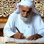 AI 예술과 글자 디자인 - **Prompt:** "A masterful elderly Arab calligrapher, male, with a serene expression, wearing a pristi...