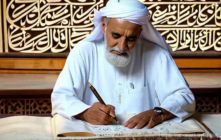 AI 예술과 글자 디자인 - **Prompt:** "A masterful elderly Arab calligrapher, male, with a serene expression, wearing a pristi...