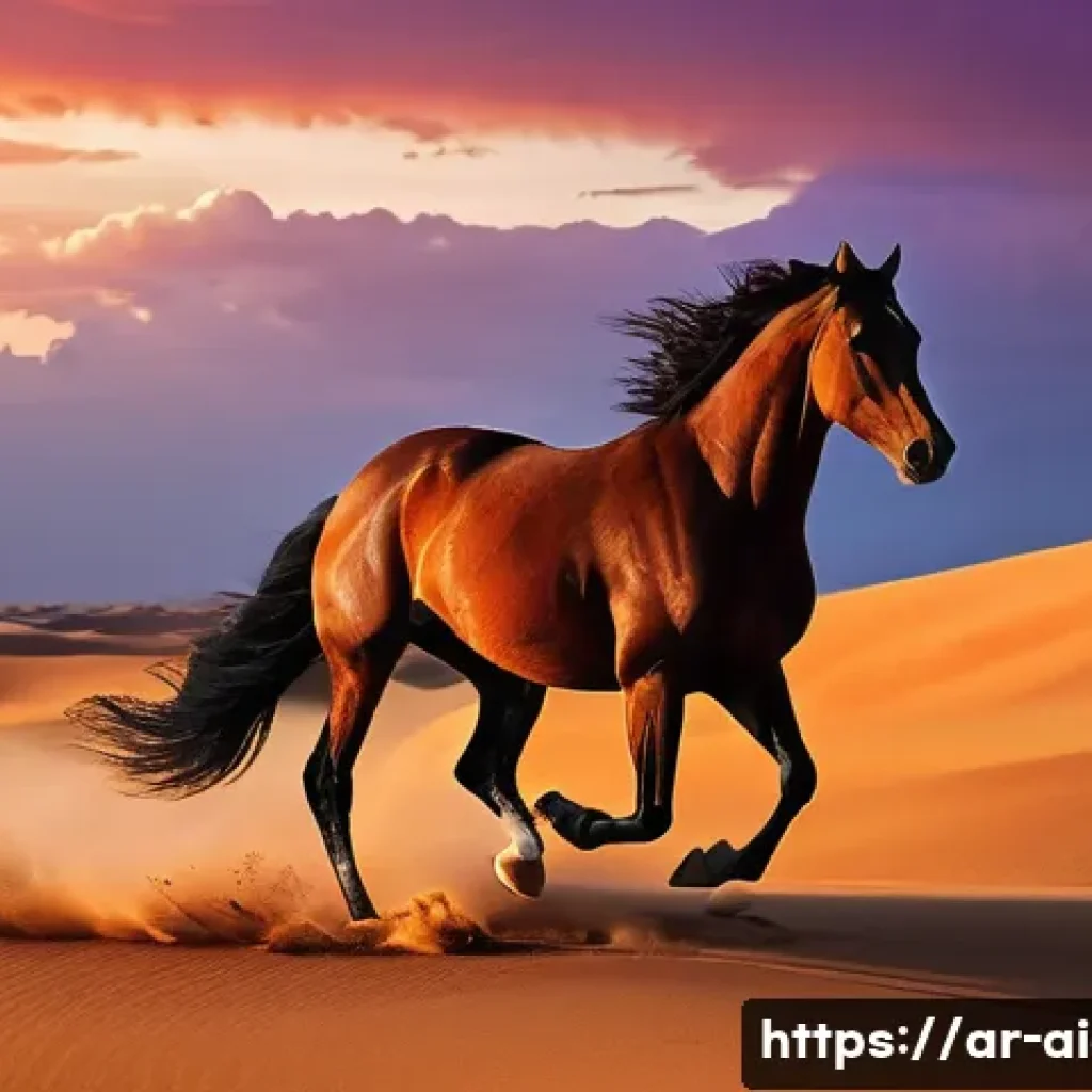 AI 예술과 딥페이크 - **Prompt 1: "A majestic Arabian horse, mid-gallop, across a vast, golden desert landscape at a breat...