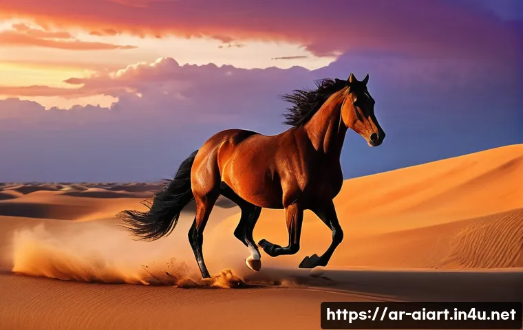 AI 예술과 딥페이크 - **Prompt 1: "A majestic Arabian horse, mid-gallop, across a vast, golden desert landscape at a breat...